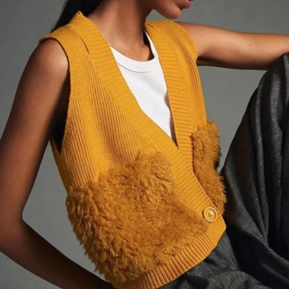 Anthropologie Mustard Yellow Knit Fur Pocket Vest ONE SIZE